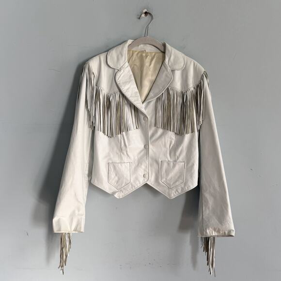 Women's White Fringe Leather Jacket - Picture 2 of 4